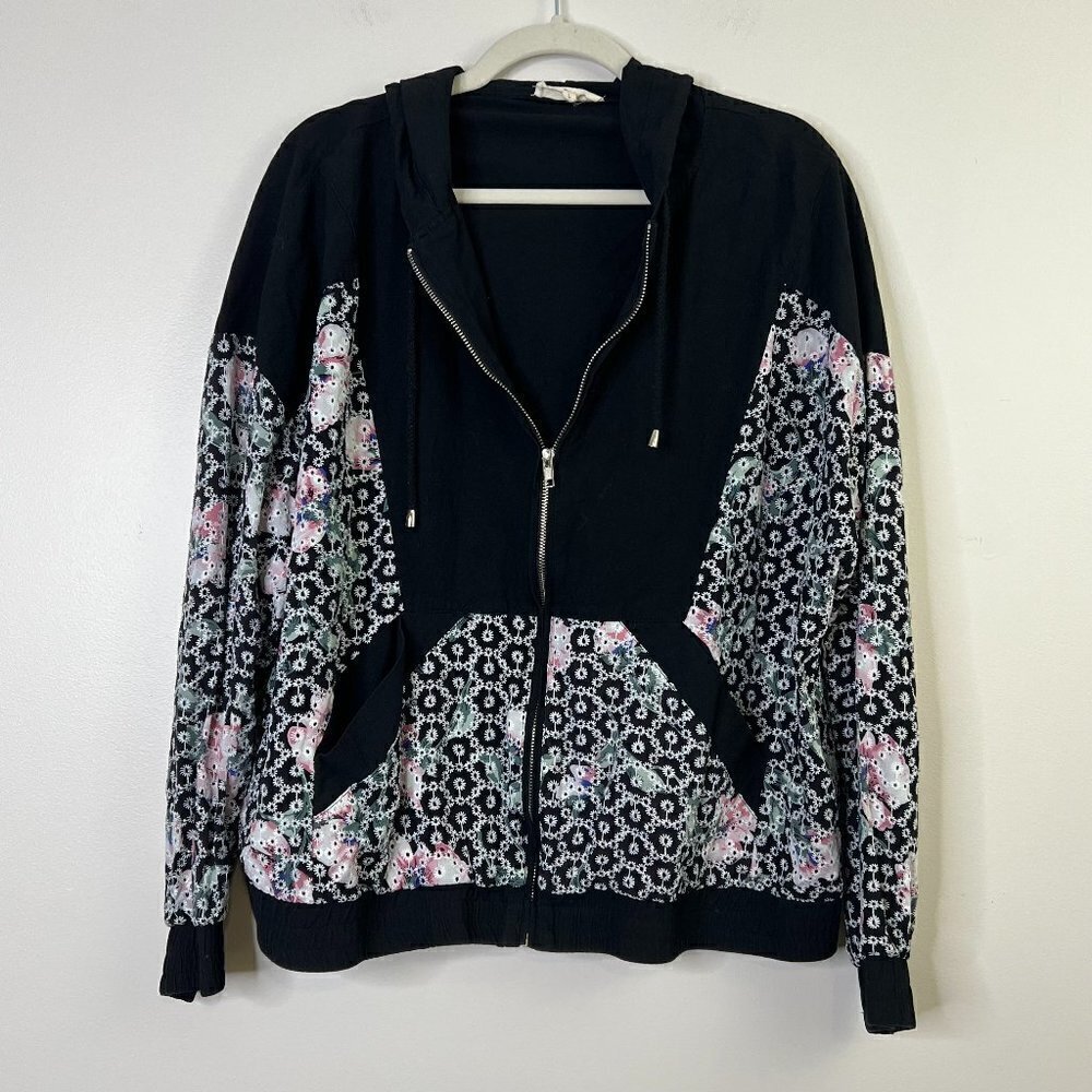 Entro Floral Embroidered Crochet Zip Up‎ Hoodie Hooded Sweatshirt 100% Cotton
